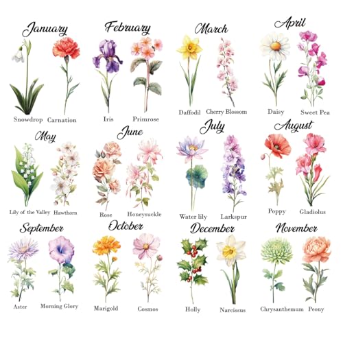 12Pcs Birth Month Dtf Transfers Ready to Press Birthday Flowers Iron on Transfers for Tshirts Floral Transfer Vinyl Stickers for Clothing Pillows Bag DIY Crafts - color: Birth Month