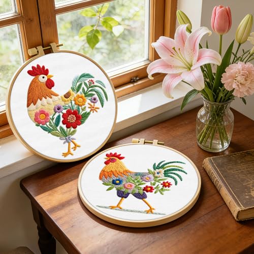 ERKOON Embroidery Kit for Beginners Adult, 2 Set Cross Stitch Set Include Embroidery Cloth Hoops Threads for Craft Lover Hand Stitch with Embroidery Skill Techniques (Rooster) - color: Rooster