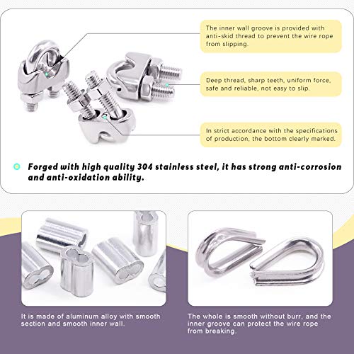 Swpeet 24Pcs M6 (1/4") Wire Rope Accessory Set, Included M6 Wire Rope Cable Clip Clamp, M6 Stainless Steel Thimble, 6mm Aluminum Crimping Loop Sleeve Perfect for 1/8 inch Wire Rope Cable (M6) - size: M6