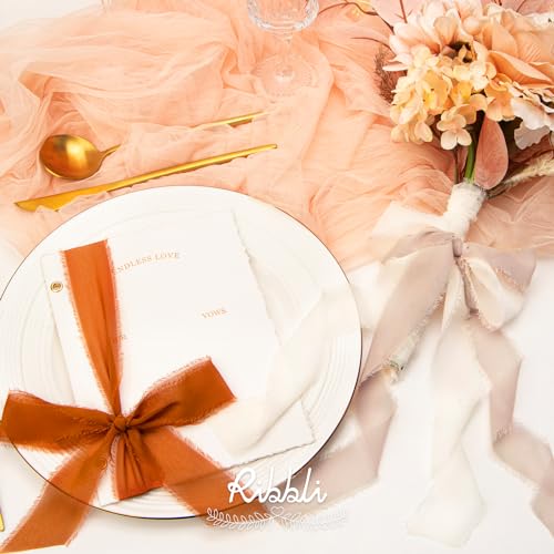 Ribbli Fall Chiffon Ribbon 1.5 inch x 30 Yard Handmade Silk, Cream/Beige/Terracotta Fringe Chiffon Ribbon for Wedding Invitations, Bridal Bouquets Wrapping, Flower Arrangement Decoration - color: Cream/Beige/Terracotta