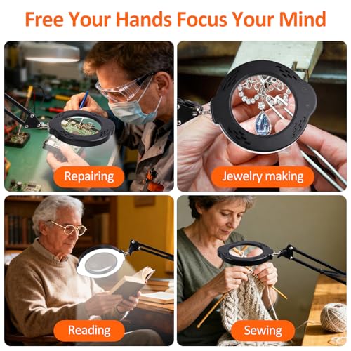 Magnifying Glass with Light and Stand, 10X 30X LED Desk Magnifier with Real Glass Lens, 5 Color Modes, 3 Brightness Levels, Hands-Free Magnifying Lamp for Reading, Crafts, Electronics and Jewelry - color: Clamp