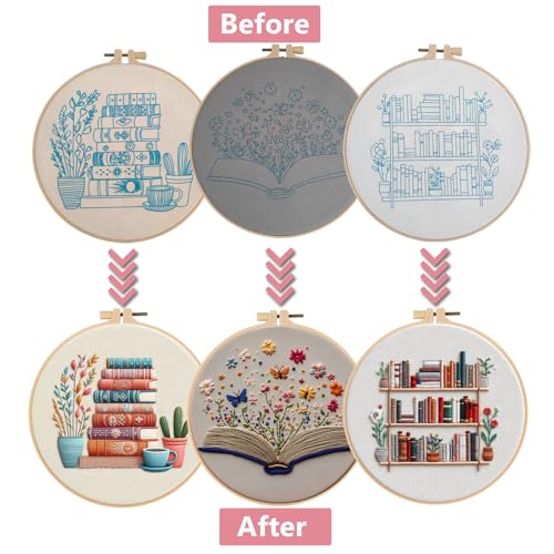 Embroidery Kit for Adults, Pre-Stamped Pattern Embroidery Kit for Beginners, Needlepoint Starter Kit with Hoop Thread Needle Instruction, 7.9'' Hoop (Book Lover 3 Packs) - style: Book Lover 3 Packs