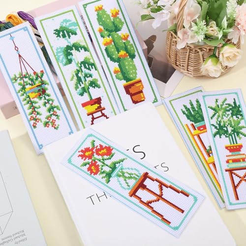 ORIGACH 6 Set Green Plants Cross Stitch Bookmark Kit for Beginner with Backing Felt Floss Instructions DIY Stamped Embroidery Bookmark Kit for Adults, Book Lovers - style: Green Plants