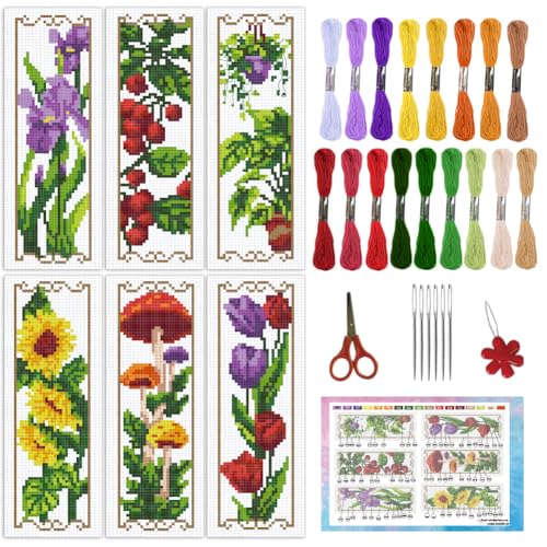 INFUNLY 6PCS Flower Plants Cross Stitch Bookmark Kit for Adults Tulip Sunflower Cross Stitch Kits DIY Crossstitch Kit Green Leaf Stamped Embroidery Bookmark Kits with Instructions for Book Lovers - style: Tulips