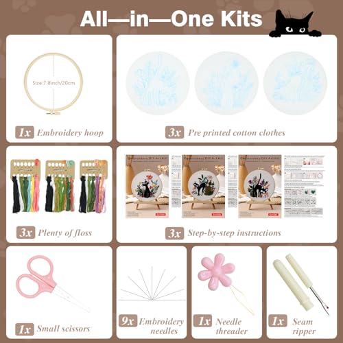3 Pack Cat Embroidery Kits for Beginners Adults, Starter Cross Stitch Kit - color: Cat