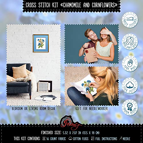 Povitrulya Chamomile Cornflower Counted Cross Stitch Kit - Wildflower - color: Chamomile and Cornflowers