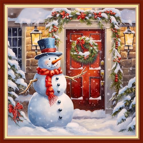 Joyhoor Cross Stitch Kit for Beginners, Pre-Printed Christmas Snowman Design, 18x18 Inch, Unisex, All Ages, Non-Foldable - color: Preprinted 10