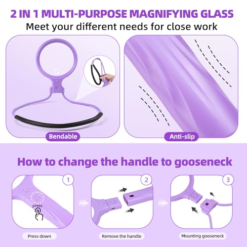 Dilzekui 5X&10X Neck Handheld 2-in-1 Magnifying Glass for Reading w/Light - color: Purple