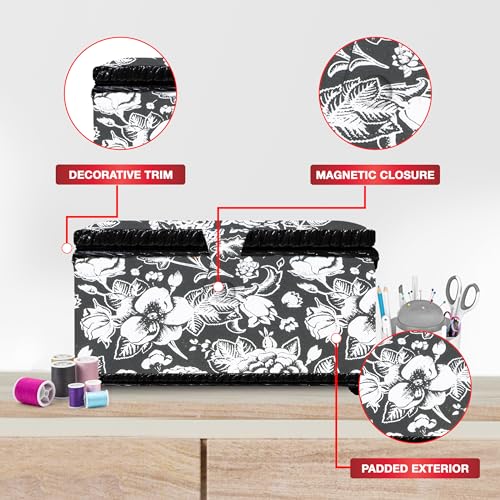SINGER Sewing Basket, Sewing Kit with Notions, Black & White Floral Print - color: Black & White