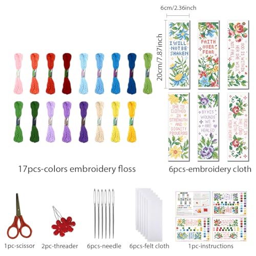 FREEBLOSS 6 Set Cross Stitch Bookmark Kits Flowers 8 * 2.4inch - style: Floral Text