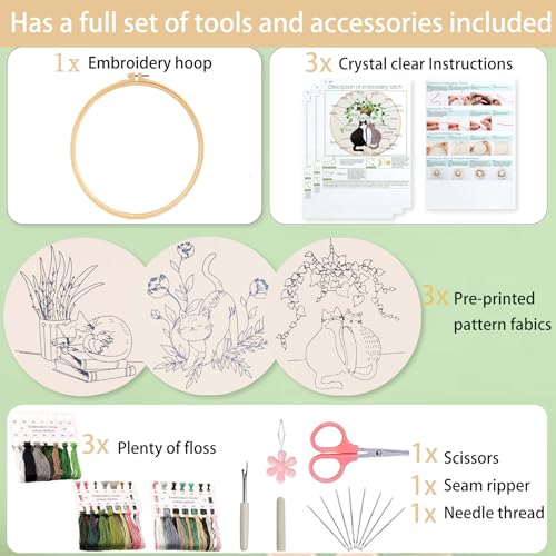 Ohcol 3 Sets Cat Embroidery Kit,Needlepoint Kits for Adults Beginner,Needle Point Sets with Washable Pre-Printed Pattern,1 Hoop,Women Hand Crafts - color: Q-Cat (3 Patterns, 1 Hoop + Extas)