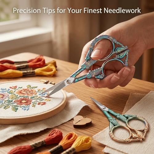 Crochet Scissors with Cover 2 Pack – Vintage Small Embroidery Scissors Set, Sharp Craft Scissors for Yarn Thread Sewing Needlework, Rainbow & Green Bronze Bird Gift for Crocheter, 4.6 Inch - color: Purple&green