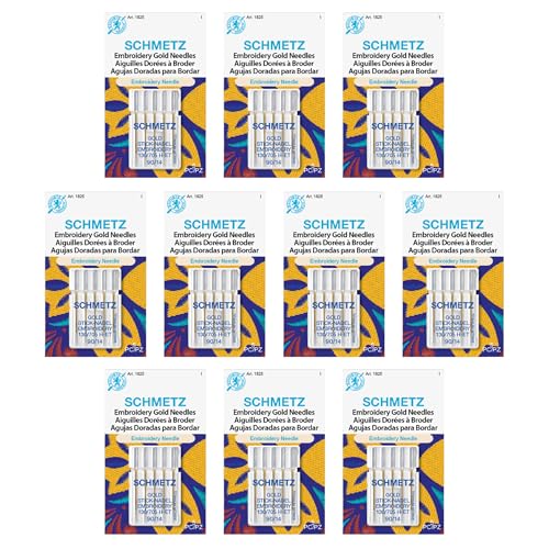 SCHMETZ Gold Embroidery Sewing Machine Needles - Titanium Coated for Smooth Stitching, Size 90/14, 5-Needle Cards, Box of 10 - size: 90/14