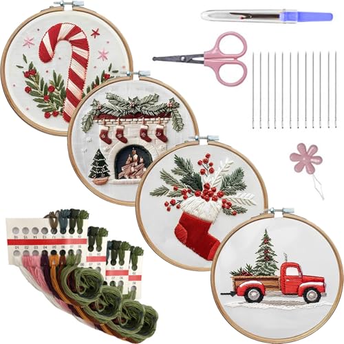 LB Christmas Embroidery Kit for Adults, 4Pc Christmas Embroidery Kits for Beginners with Red Truck, DIY Hand Cross Stitch Kit Holiday Gifts Ornaments Decorations - color: Red