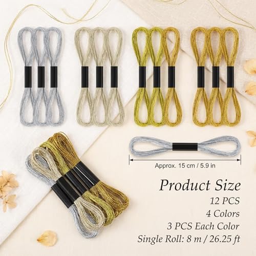 12 Skeins Metallic Embroidery Floss, Gold Silver Embroidery Thread, Multi-Purpose Cross Stitch Metallic Thread for Hand Crafts String Art Supplies (8m 12 Strands)