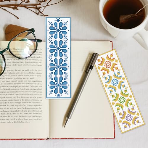 INFUNLY 6PCS Flower Cross Stitch Bookmark Kit for Beginners 8.66"×3.15" Boho Plaid Flowers Embroidery Bookmark Kits Geometric Pattern Cross Stitch Kit with Instruction for Book Lovers Reader Writers - style: Plaid Flowers