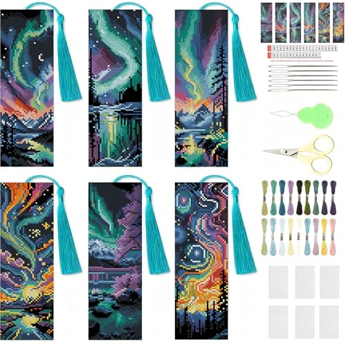 NEGEKFKX 6 Pcs Starry Sky Cross Stitch Bookmark Kit for Adult Beginners - color: Cross stitch bookmark-12