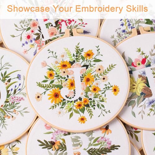 Harimau Letter J Pattern Embroidery Kit for Adult Beginners, Complete Starter Pack with 1 Hoop, Needles, Instruction Guide & Embroidery Stitch Video Tutorials - color: J