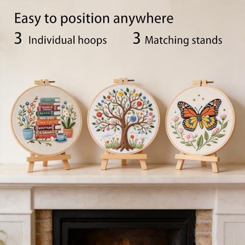 Qupace 3 Pcs Tree Embroidery Kits for Beginners Adults - Cross Stitch Sewing Craft Set with 3 Embroidery Hoops & 3 Finished Stands,Book Needlework Kit - color: White