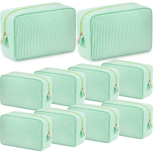 Sanwuta 10 Pcs Seersucker Cosmetic Bag Seersucker Makeup Bag Women Stripe Large Travel Toiletry Organizer Preppy Storage Pouch for Embroidery Wedding Bridesmaid Bride Mom (Green) - color: Green