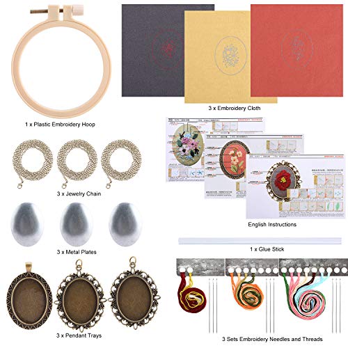 MWOOT 3 Pack Pendant Embroidery Starter Kit for Beginners, Retro Necklace Series Cross Stitch Tools for Necklace & Earrings & Hand Sewing Jewelry & Creative Gifts,Style B