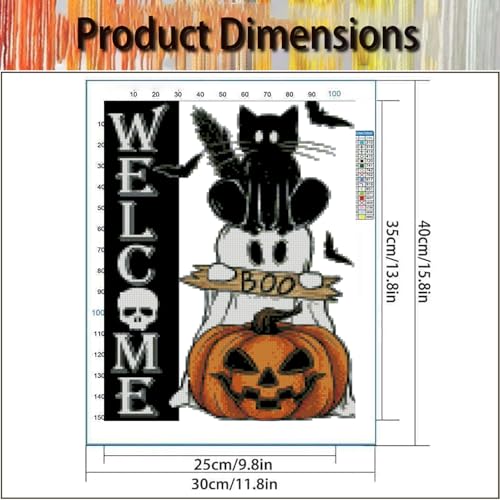 VIGEGU Halloween Stamped Cross Stitch Kits for Adults Beginners 12x16 inch - color: Black Cat Ghost Cross Stitch