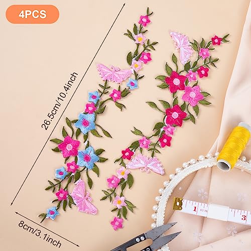 CHANZET Flower Iron On Patches 4pcs, Butterfly Flower Embroidered Patches, Floral Applique Embroidery Patches for Clothes Dresses Decorative DIY Craft Sewing