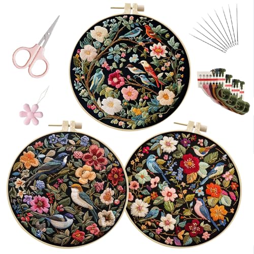 LB Red Floral Embroidery Kit for Beginners Adults, 3 Sets Hand Embroidery Starter Kit with Cute Bird Pattern and Instructions Stamped Cross Stitch Kits Include Embroidery Hoop Needles Threads Scissors - color: Red Blue