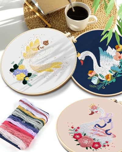 TINDTOP 3 Pack Embroidery Kit for Adult Beginners, Embroidery DIY Starter Kit, with Swan Stamped Patterns, Hoop, Tools, Colorful Threads with Needles, Instructions - color: Swan