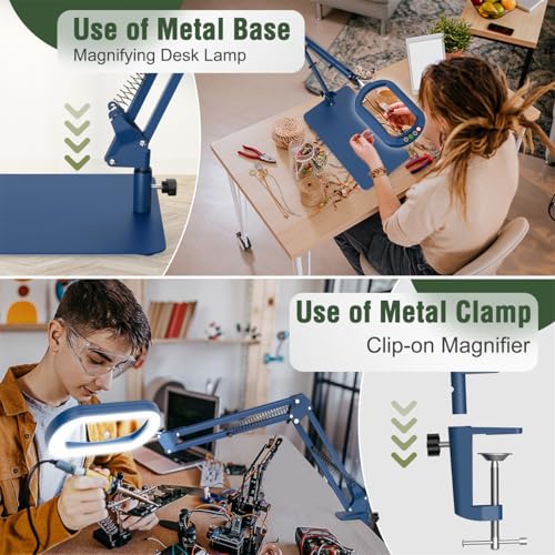 Veemagni 12X Rectangle Magnifying Glass with Light and Stand, 5 Color Modes Stepless Dimmable, 2-in-1 LED Lighted Desk Lamp & Clamp, Hands Free Magnifier for Reading Crafts Painting Close Work - Blue - color: Blue