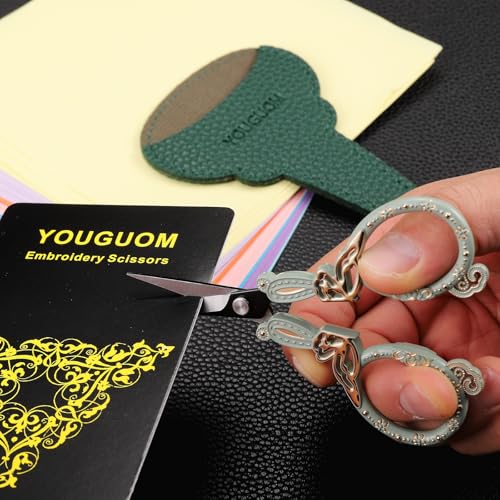 YOUGUOM Sewing Embroidery Scissors, Vintage Needlework Scissor for Craft Cross Stitch Crochet Threading, Green Detail Shears with Cover - color: Light Green