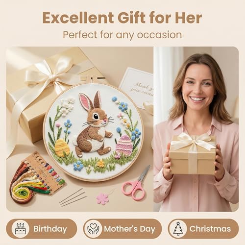 PALUPJEF Rabbit Embroidery Kits for Beginners, Cross Stitch Kits for Adults Easy Needlepoint Kits for Adults with Funny Animal Pattern,DIY Needlepoint Embroidery Starter Kit with Instructions