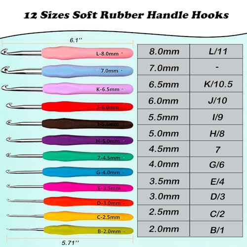 Yarniss 12Size Crochet Hooks 2.0~8.0mm, Ergonomic Crochet Hook for Beginner - size: 12 Size(2.0~8.0mm)