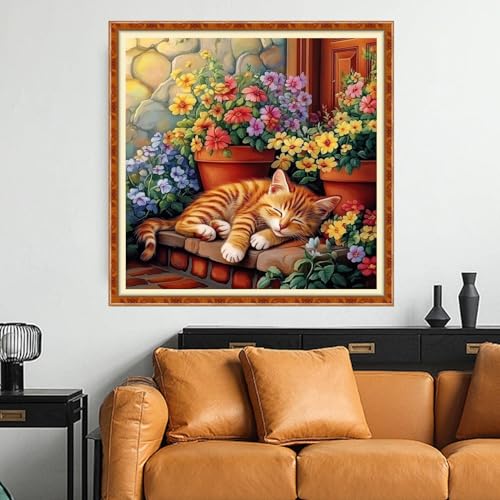 Funchey Counted Cross Stitch Kits for Adults Needlepoint Kits Unprinted Cross Stitching Embroidery Kit 11CT Cross Stitch Supplies- Flower Cat 18x18 inch - color: Artcolor11