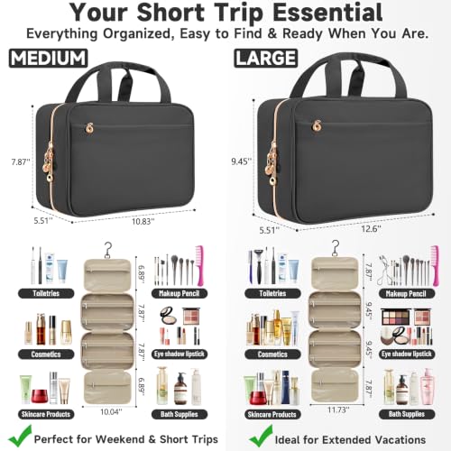 Travel Toiletry Bag for Women, Hanging Makeup Organizer Clear Pockets - color: Black, size: Medium