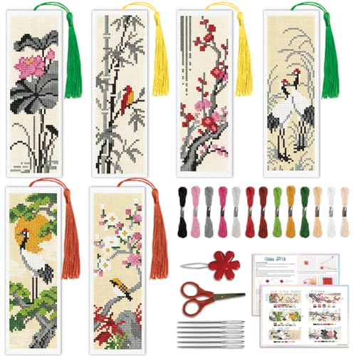 ACRNIGHEET 6PCS Cross Stitch Bookmark Kit for Beginner Chinese-Style Stamped Cross Stitch Kits Needlepoint Kit for Adults DIY Tassel Embroidery Bookmark Kits with Instructions Craft Gift 8.5"x3" 11CT - style: Chinese-Style Patterns