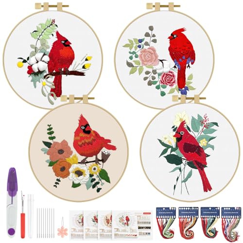 ERKOON 4 Sets Embroidery Kit, Animal Cross Stitch Set for Include Embroidery Cloth Hoops Threads for Craft Lover Hand Stitch (Cardinal) - color: Cardinal