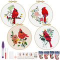 ERKOON 4 Sets Embroidery Kit, Animal Cross Stitch Set for Include Embroidery Cloth Hoops Threads for Craft Lover Hand Stitch (Cardinal) - color: Cardinal