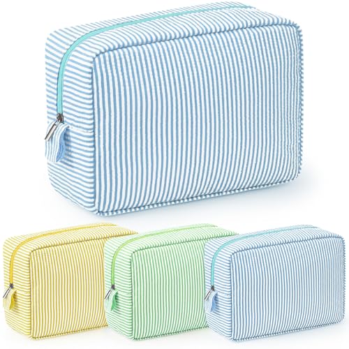 Sanwuta 3 Pcs Seersucker Makeup Bags, Yellow, Green, Lake Blue - color: Yellow, Green, Lake Blue