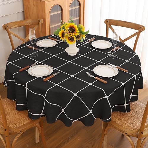 Gernaice Plaid Round Tablecloth Checkered Table Cloth 90” Black - color: Black, size: 90" (Round)