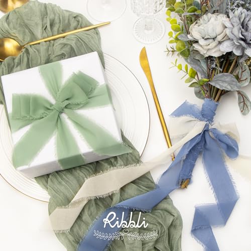 Ribbli Chiffon 1.5 Inch x 30 Yard Handmade Silk Ribbon - Ivory/Sage Green/Dusty Blue Fringe for Wedding Invitations, Bridal Bouquets, Wrapping, Flower Arrangement Decoration - color: Ivory/Sage Green/Dusty Blue