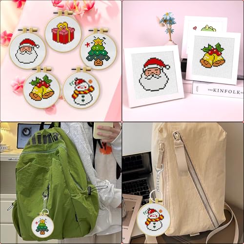 Zhenqing 5 Christmas Ornament Cross Stitch Kit - Pre-Printed 11CT 11.5x57.5cm Fabric with Full Tools (Santa, Tree, Snowman Designs for Beginners)(70023)