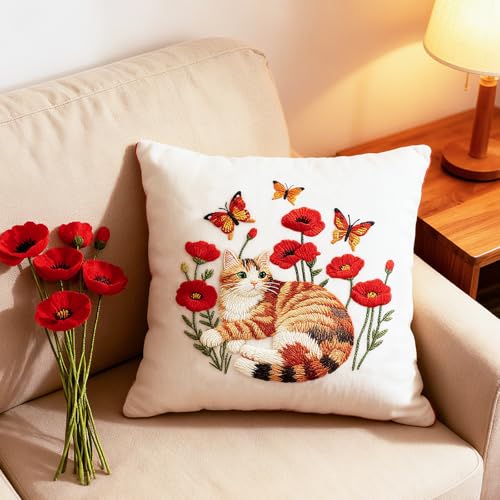 BEUNITONE 4 Set Embroidery Kit for Beginners, Cat and Butterfly Pre-Stamped Pattern Needlepoint Kits for Adults with Hoop and Instruction, Cute Hand Embroidery Patterns for Cloth and Home Decor - style: A-Cat-01