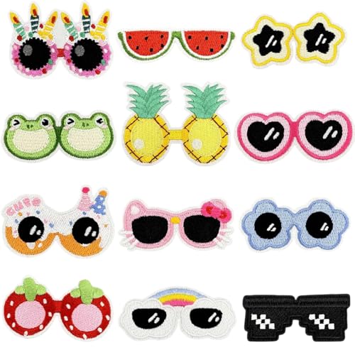 12Pcs Cute Glasses Iron on Patches, Cartoon Embroidered Applique for Hats - color: 12PCS Cute Glasses