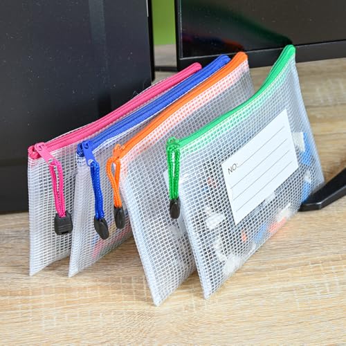 Plastic Mesh Zipper Pouch, 12Pcs Zipper File Bags with Label Pocket, Game Boards Storage Bags, Waterproof Document Storage Bags for Office Home Travel Cosmetic (A6 Size 6.3x4.7 in) - size: A6 Size 6.3x4.7 in
