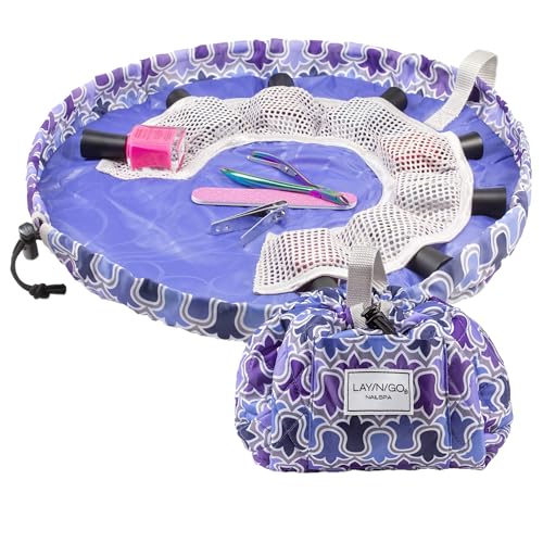 Lay-n-Go NailSpa Drawstring Cosmetic Bag - Portable Nail Supplies Organizer Bag w/ 8 Elastic Mesh Pockets & Circular Center -Durable, Machine Washable Nail Kit Organizer (18", Violet Floral [Purple]) - color: Violet Fem (Purple)