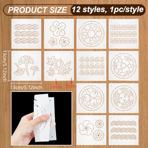 BENECREAT 12Pcs Plastic Sashiko Stencil, 5x5inch Flowers, Leaves, Continuous Pattern Embroidery Tool Drawing Line Template for Hand Quilting and Embroidery, 0.3mm Thick - style: Continuous Patterns