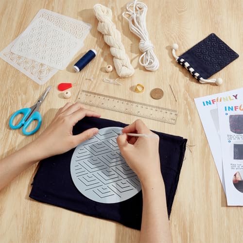 INFUNLY 3pcs Sashiko Drawstring Bag Kit DIY Sashiko Stencil Acrylic Template Kit Sewing Handbag Kits Wave Pattern Needlepoint Sewing Bag Kits with Instruction Cloth Needle Thread for Beginner Adults - style: Black wave pattern