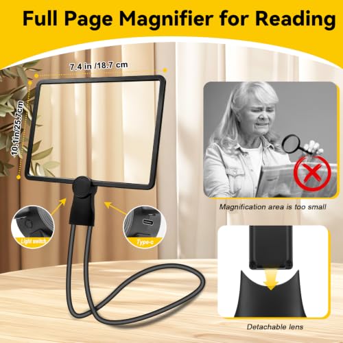 10X Large Magnifying Glass with Lights for Reading,Full-Page Magnifier for Reading Rechargeable 50 LED Lights,Neck-Wear Magnifying Glass with Light, Close Work, Sewing, Low Vision, and Seniors