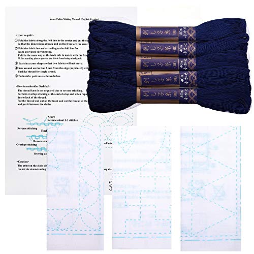 Sashiko kit, Yokota Sashiko Thread and Template Yume Fukin with Original English Manual, Fabric, Japanese Textile (Navy Thread/White Dishcloth 3) - color: Navy Thread / White Dishcloth 3